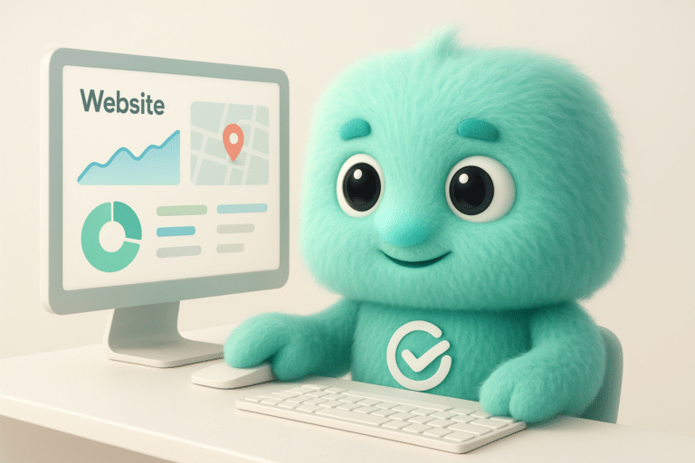 Personnage FACTY réalisant un diagnostic pour la création d’un site internet avec des graphiques et indicateurs à l’écran