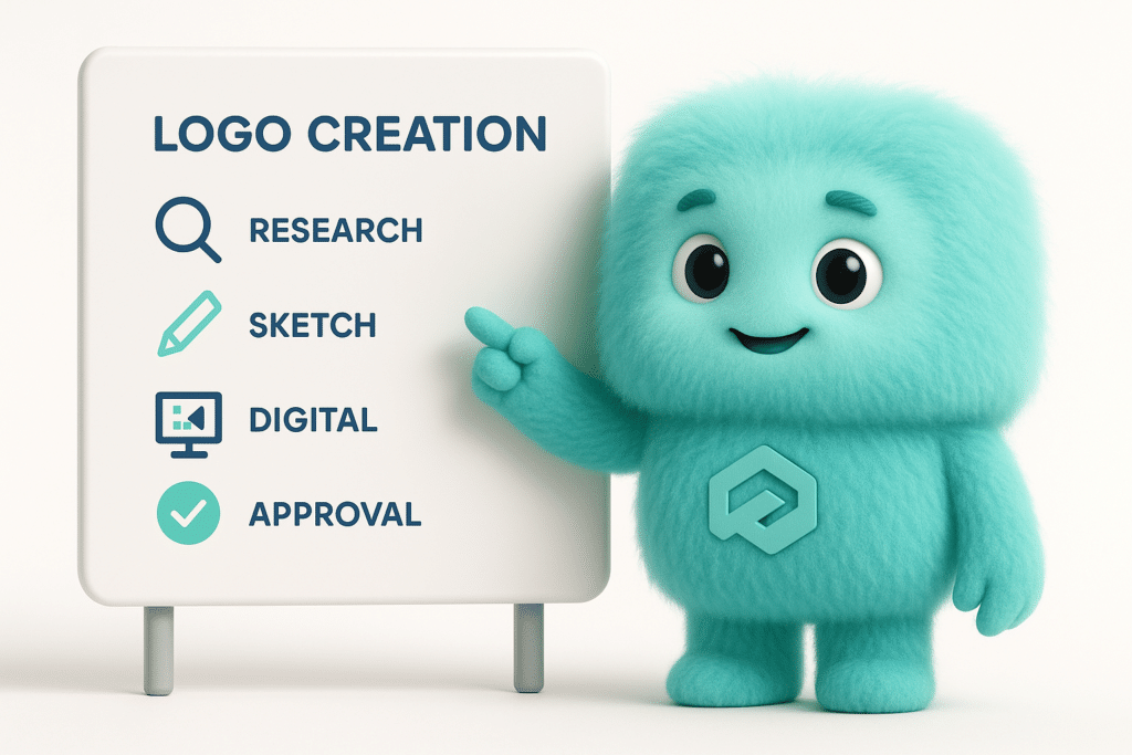 Mascotte FACTY expliquant les étapes de création d'un logo sur un tableau blanc