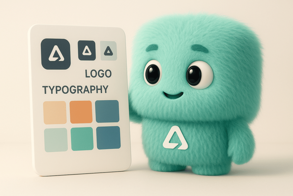 FACTY mascotte analysant un moodboard avec logos et palettes de couleurs pour une identité visuelle