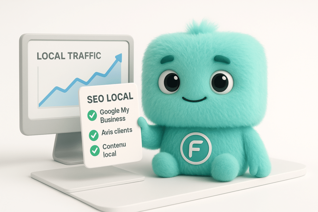 FACTY mascotte analysant une checklist de référencement local sur un bureau numérique
