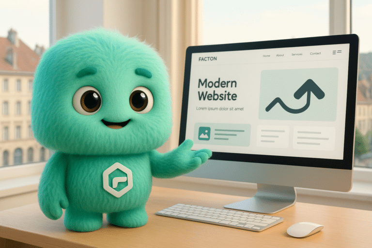 Personnage FACTY qui explique la création d'un site internet moderne à Besançon, bureau avec vue locale