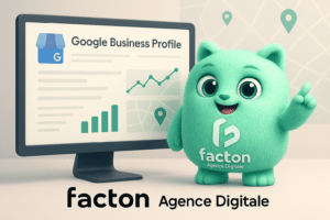 Mascotte 3D FACTY analysant une interface Google Business Profile avec graphiques et Google Maps, symbolisant l’optimisation SEO locale
