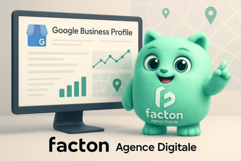 Mascotte 3D FACTY analysant une interface Google Business Profile avec graphiques et Google Maps, symbolisant l’optimisation SEO locale