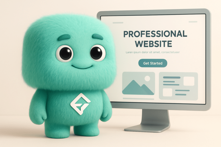 FACTY mascotte FACTON devant un écran avec un site internet professionnel, illustrant la création de site internet à Luxeuil-les-Bains