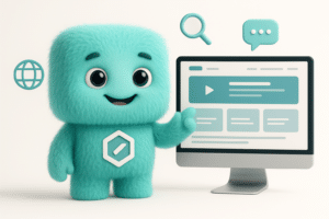FACTY mascotte présentant une maquette de site internet responsive avec des icônes de digital à Besançon