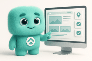 Mascotte FACTY présentant une maquette de site internet moderne sur un écran d'ordinateur