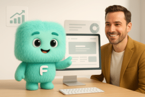 FACTY la mascotte FACTON guidant un entrepreneur local de Rioz dans la création de site internet, illustration 3D professionnelle et chaleureuse