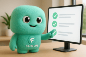 Le personnage FACTY présente une checklist digitale sur la création de site internet à Lure, dans un bureau moderne