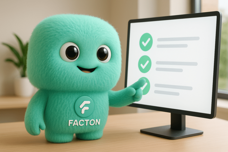 Le personnage FACTY présente une checklist digitale sur la création de site internet à Lure, dans un bureau moderne