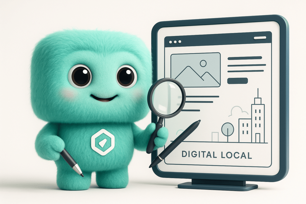 FACTY mascotte turquoise expliquant la création de site internet avec une maquette digitale moderne