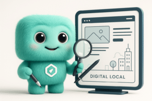 FACTY mascotte turquoise expliquant la création de site internet avec une maquette digitale moderne
