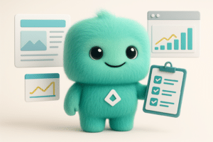 FACTY mascotte turquoise entouré de maquettes de site web pour création site internet à Gray