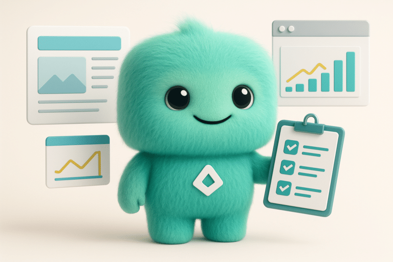 FACTY mascotte turquoise entouré de maquettes de site web pour création site internet à Gray