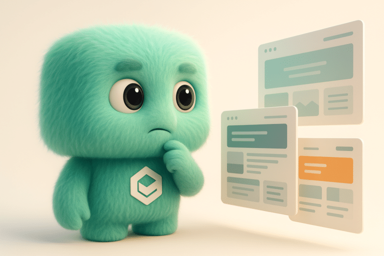 Mascotte FACTY analysant un comparatif de différentes options de création de site internet sur plusieurs écrans dans un cadre professionnel