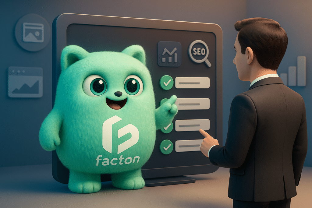 Le personnage 3D FACTY présente une checklist SEO sur un écran digital, illustration moderne et professionnelle pour article SEO FACTON