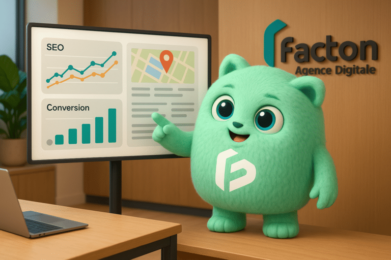 Personnage FACTY présentant une stratégie digitale avec graphiques SEO et Google Maps sur un écran dans un bureau moderne à Vesoul