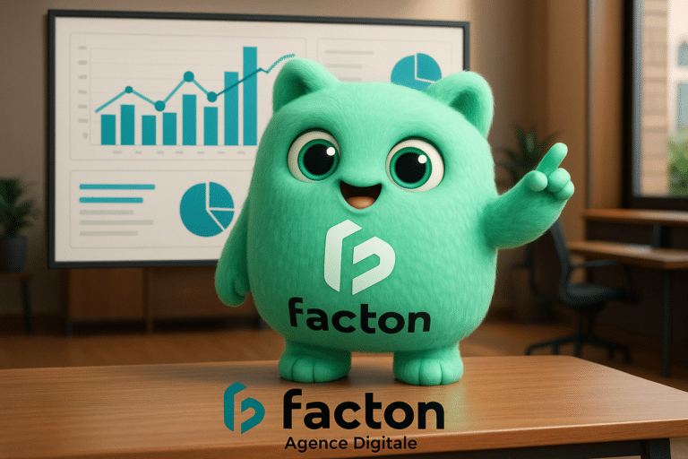Mascotte FACTY en 3D analysant un tableau de bord digital pour une stratégie d'agence de communication à Besançon