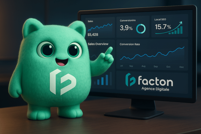 FACTY mascotte FACTON devant un tableau de bord digital e-commerce montrant des statistiques de vente et de référencement local