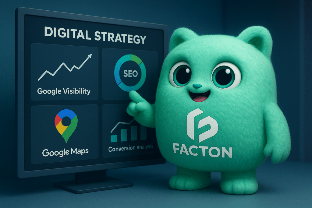 Le personnage FACTY de FACTON établissant une stratégie digitale avec indicateurs de visibilité et SEO sur écran digital