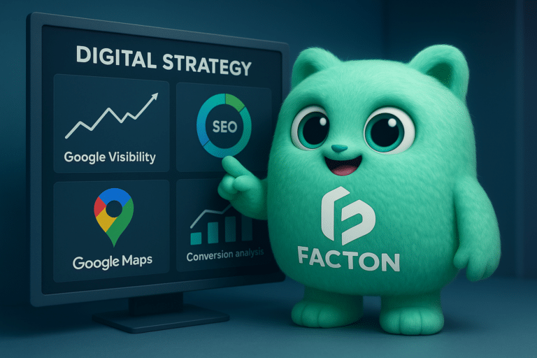 Le personnage FACTY de FACTON établissant une stratégie digitale avec indicateurs de visibilité et SEO sur écran digital