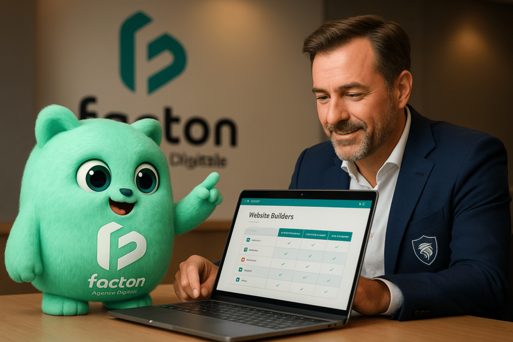 FACTY mascotte FACTON en conseil avec un dirigeant de club sportif devant un comparatif de solutions web