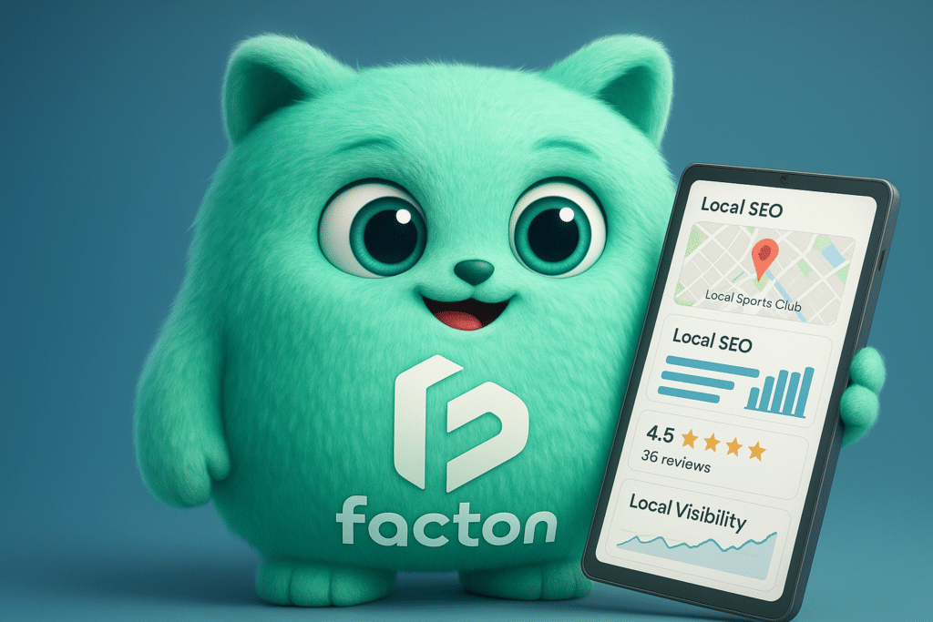 FACTY mascotte FACTON analysant des données de visibilité locale pour club sportif sur Google Maps et Google Business Profile