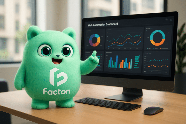 Le personnage FACTY en 3D devant un tableau de bord d’automatisation web sous lumière douce dans un bureau moderne.