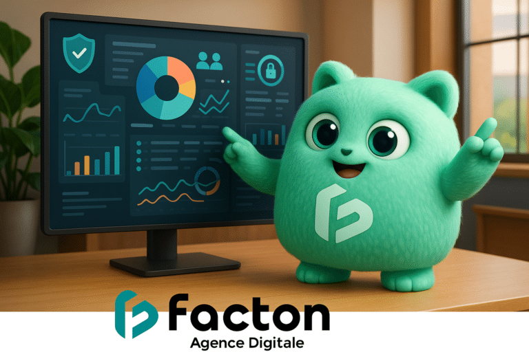 Personnage FACTY analysant un tableau de bord digital sur un écran, symbolisant les erreurs à éviter pour un extranet sécurisé et performant