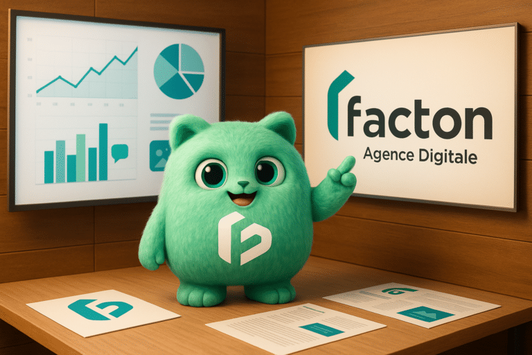 Facty mascotte FACTON présentant des supports de communication modernes en agence de communication à Vesoul