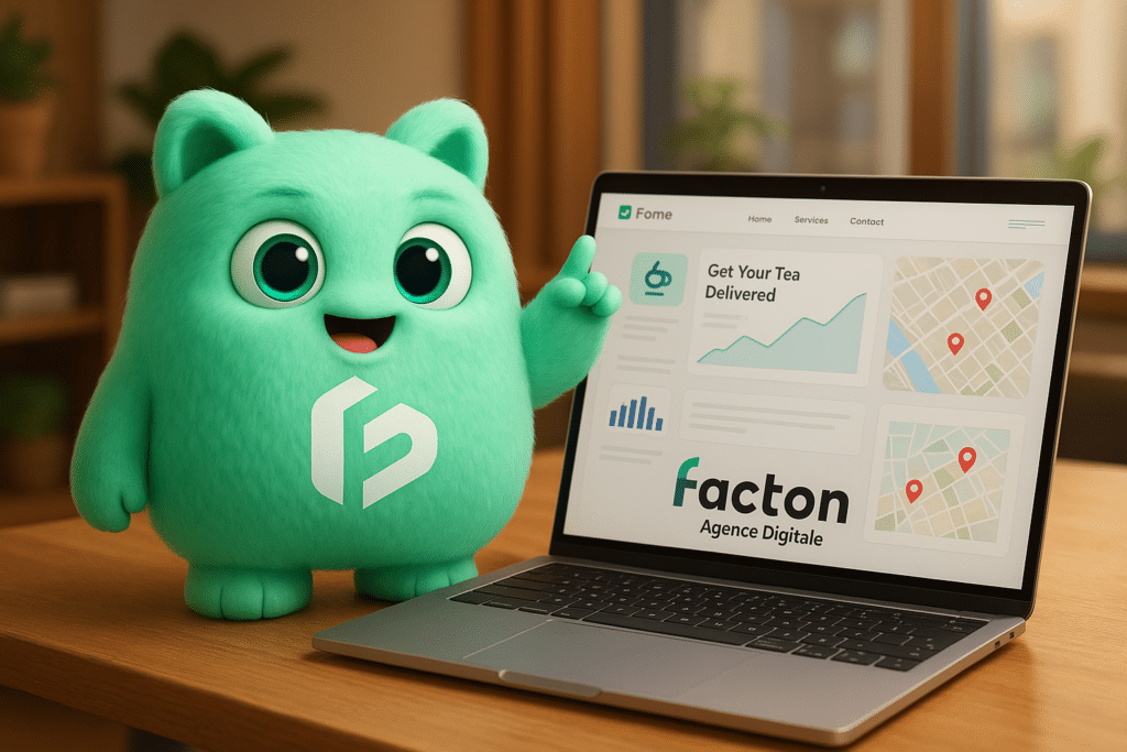 FACTY mascotte FACTON devant un ordinateur affichant un site internet pour commerçant avec indicateurs SEO et carte Google Maps