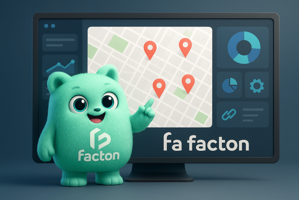 Personnage FACTY devant un écran Google Maps entreprise illustrant la visibilité locale et la stratégie digitale