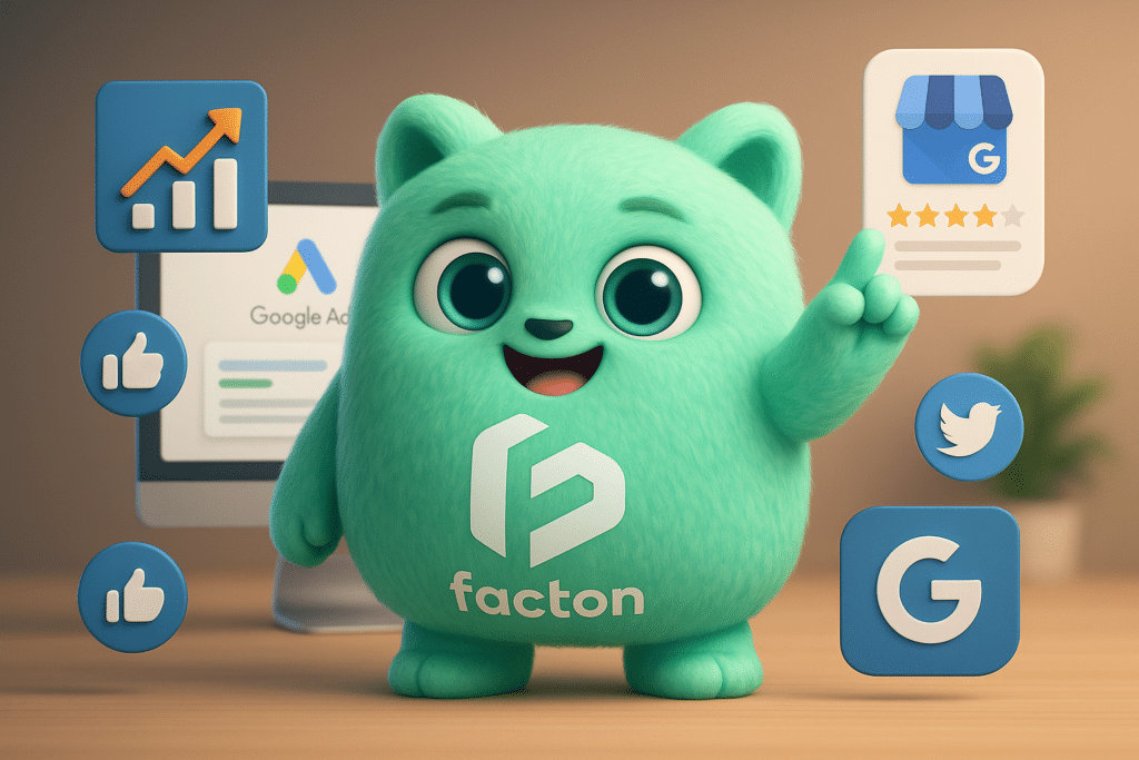 FACTY mascotte FACTON entouré de symboles de marketing digital 2026 avec graphiques et interfaces numériques en arrière-plan