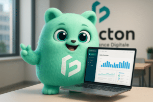 Le personnage FACTY de FACTON présente une interface moderne de gestion de boutique en ligne, symbole de la création de site e-commerce facile et performante.
