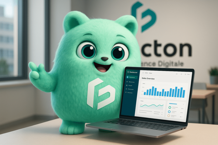 Le personnage FACTY de FACTON présente une interface moderne de gestion de boutique en ligne, symbole de la création de site e-commerce facile et performante.