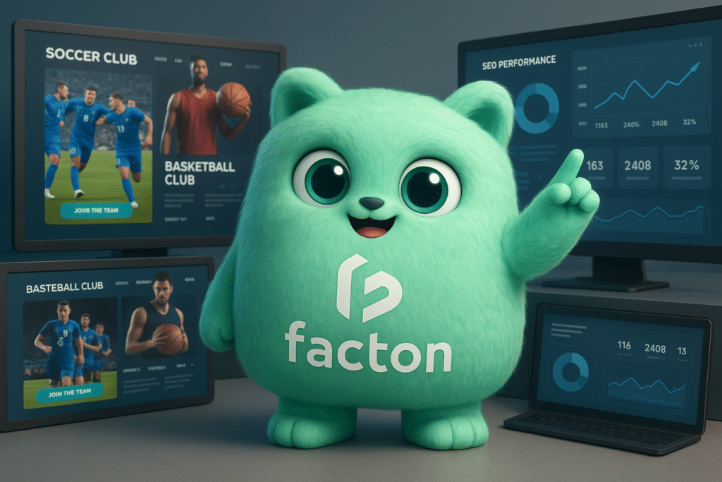 FACTY mascotte FACTON devant plusieurs écrans présentant des sites internet pour clubs sportifs avec des indicateurs SEO et designs professionnels