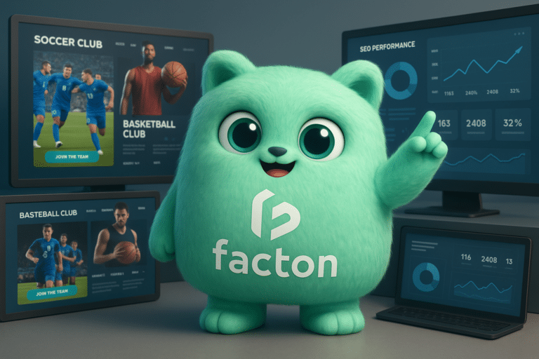 FACTY mascotte FACTON devant plusieurs écrans présentant des sites internet pour clubs sportifs avec des indicateurs SEO et designs professionnels