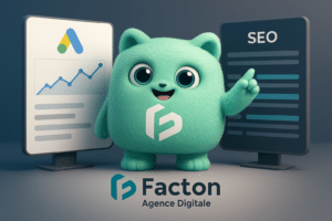 FACTY fait face à un choix entre campagne publicité Google et référencement naturel SEO, illustrant le dilemme digital des entreprises locales.