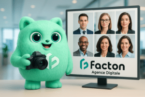 Personnage FACTY tenant un appareil photo devant un écran montrant plusieurs styles de photo corporate professionnelle