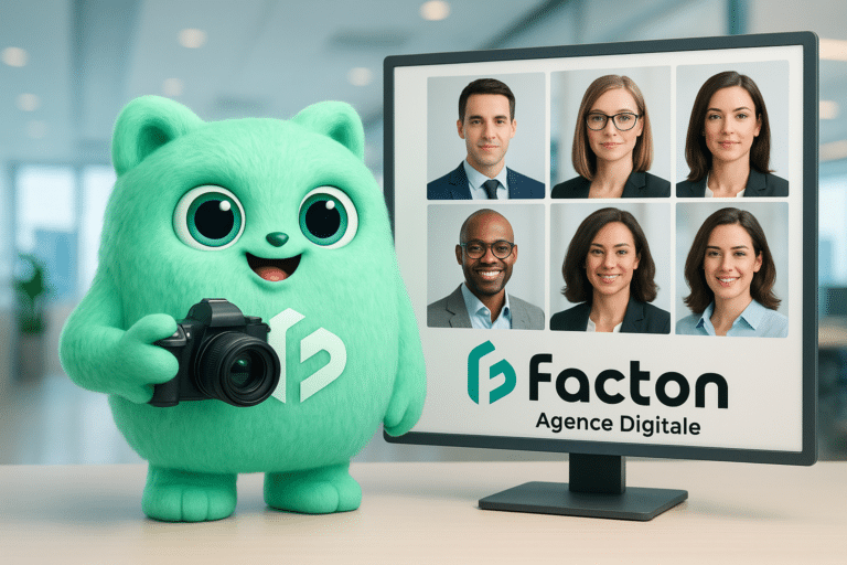 Personnage FACTY tenant un appareil photo devant un écran montrant plusieurs styles de photo corporate professionnelle