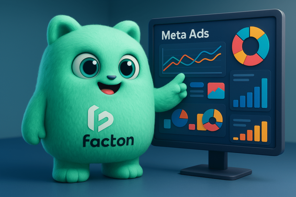Le personnage FACTY analysant une campagne de publicité Meta Ads avec des graphiques de performance à l’écran, illustration 3D moderne et professionnelle.