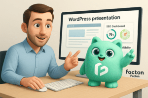 Consultant digital FACTY en agence expliquant la création de site WordPress avec tableau de bord SEO, présence locale et visibilité digitale