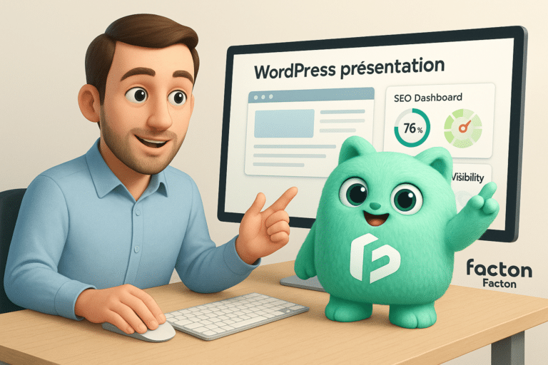 Consultant digital FACTY en agence expliquant la création de site WordPress avec tableau de bord SEO, présence locale et visibilité digitale