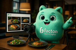 Le personnage FACTY en séance photo professionnelle dans un restaurant, valorisant des plats sur une table, image illustrant la photo restaurant en communication digitale