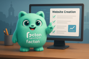 Le personnage FACTY devant un écran affichant une checklist digitale pour la création de site internet en Haute-Saône