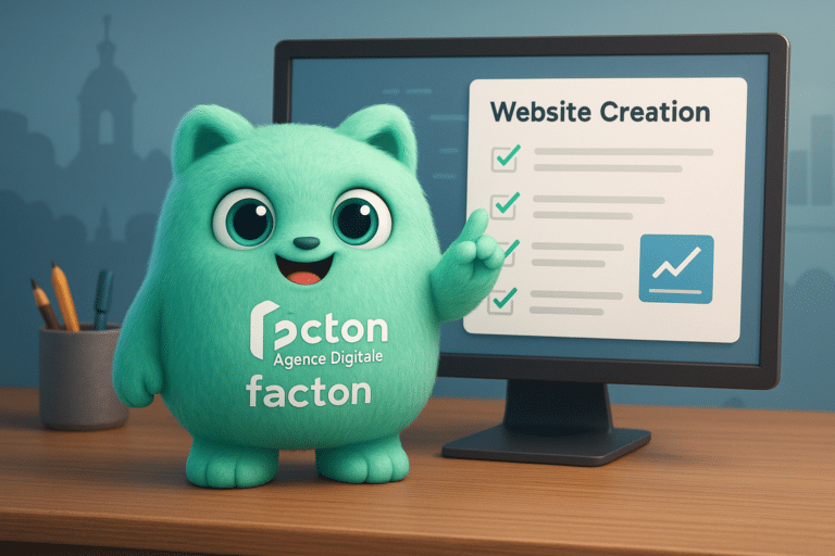 Le personnage FACTY devant un écran affichant une checklist digitale pour la création de site internet en Haute-Saône