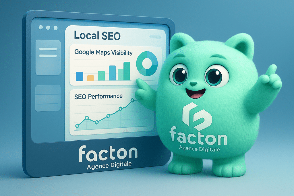 FACTY mascotte FACTON analysant un tableau de bord SEO local Haute-Saône sur écran digital