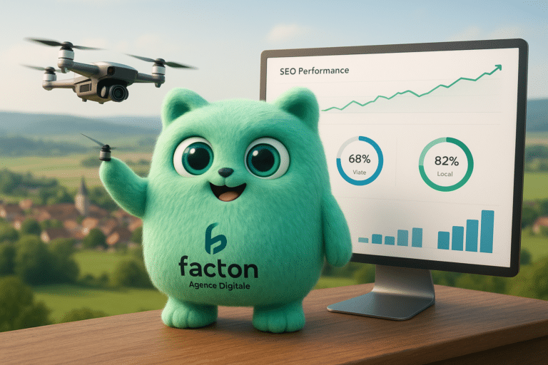 Personnage FACTY pilotant un drone, avec un tableau de bord digital affichant la performance SEO locale.