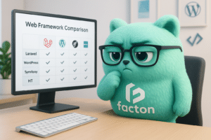 FACTY mascotte FACTON analysant un comparatif de frameworks web incluant Laravel dans un bureau moderne