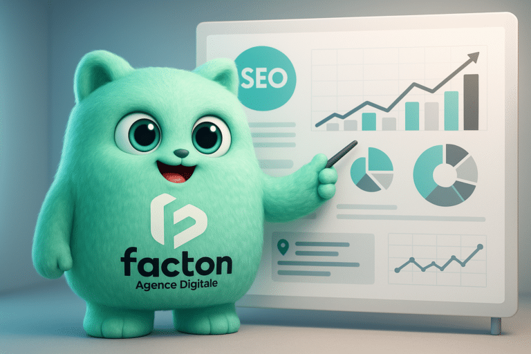 FACTY mascotte FACTON expliquant une stratégie digitale de création site web avec tableau de bord SEO
