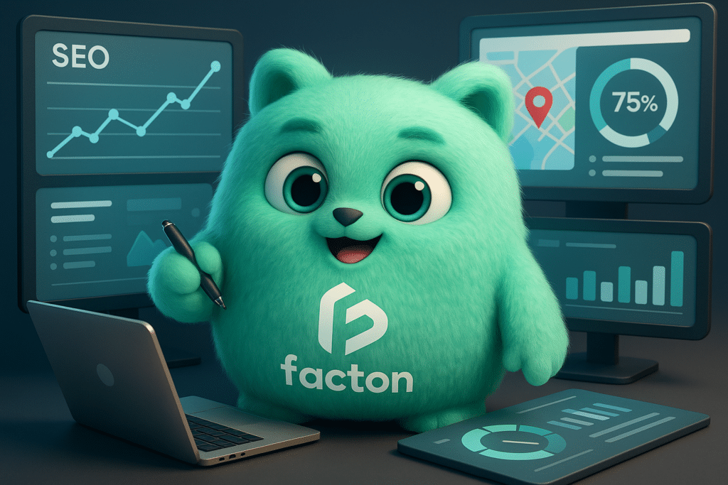 Personnage FACTY en 3D réalisant un diagnostic SEO devant un tableau de bord digital avec graphiques et données de référencement